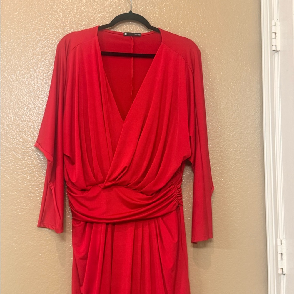 Krisa Red Draped Surplice Dress | Long Sleeve | Size L | NWOT
